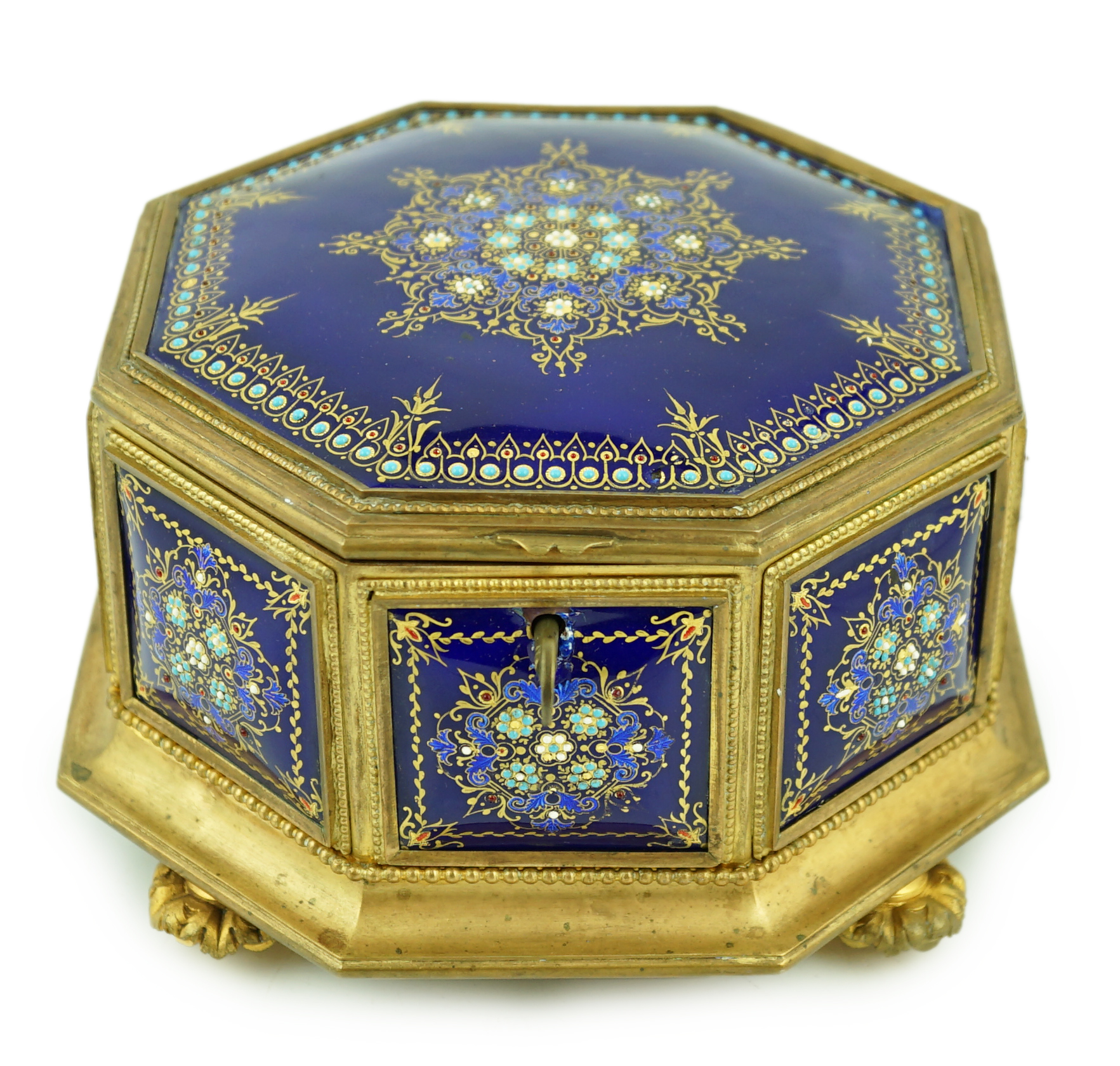 A 19th century French Limoges enamel casket, 18cm wide, 18cm deep, 10cm high